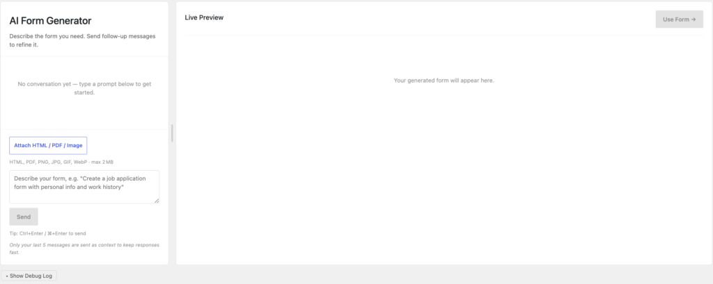 AI Form generator prompt screen